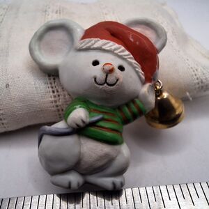 Vintage Hallmark Christmas Resin Gray Mouse Bell Ringer Lapel Pin 1.5"